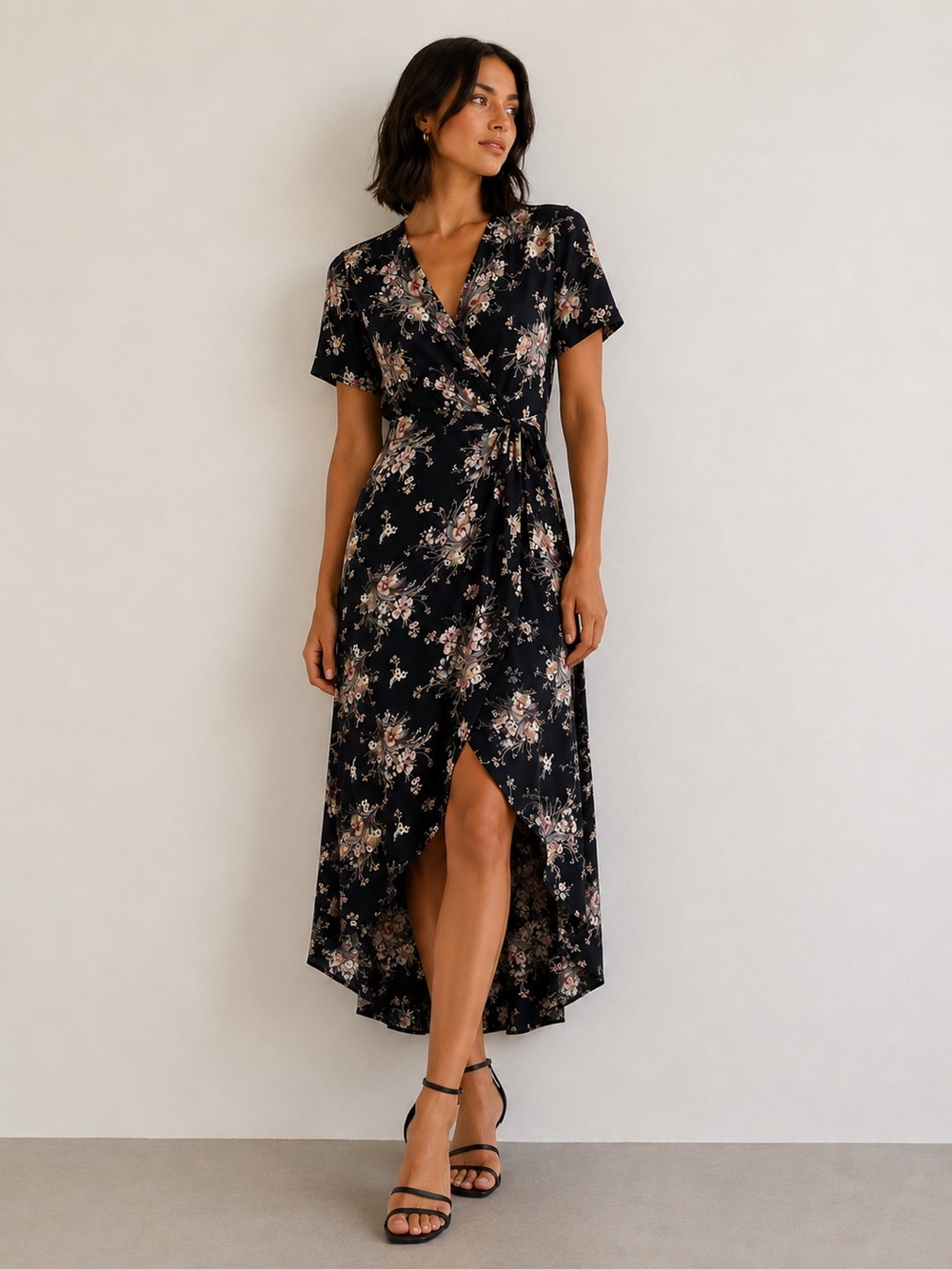 Everly Floral Faux Wrap Midi Dress Navy Cottagecore Feminine Boho Size Medium